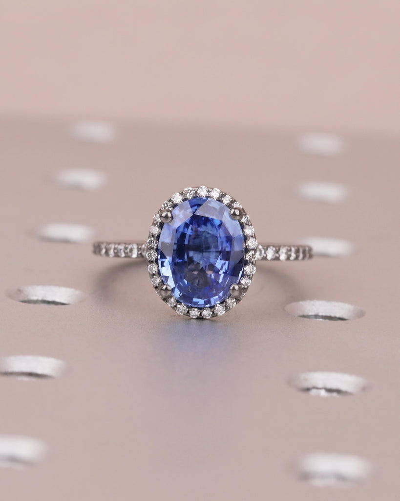 Diamond Halo Blue Sapphire Ring, Oval Engagement Ring, Vintage 14k Black Gold Promise Ring for Her, Dainty Eternity Band, Gemstone Jewelry image #9