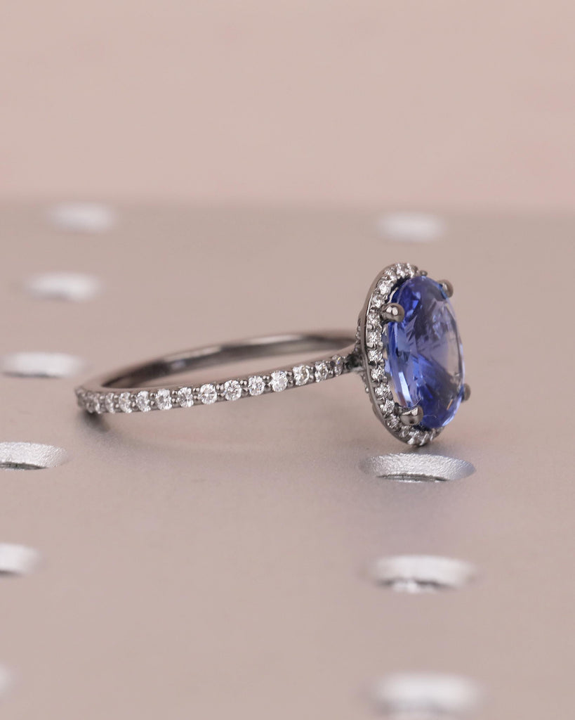 Diamond Halo Blue Sapphire Ring, Oval Engagement Ring, Vintage 14k Black Gold Promise Ring for Her, Dainty Eternity Band, Gemstone Jewelry image #3
