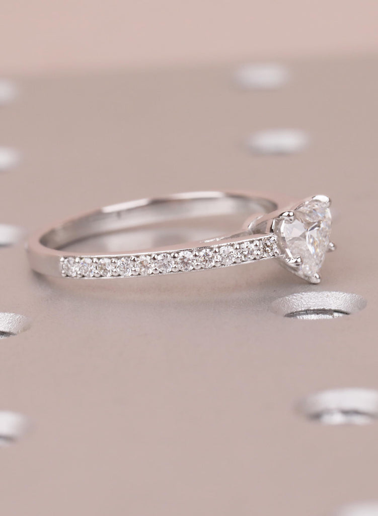 Heart Moissanite Ring, 14k White Gold Pave Side Stones Diamond Engagement Ring, Promise Ring for Her, Anniversary Wedding Bridal Jewelry image #2
