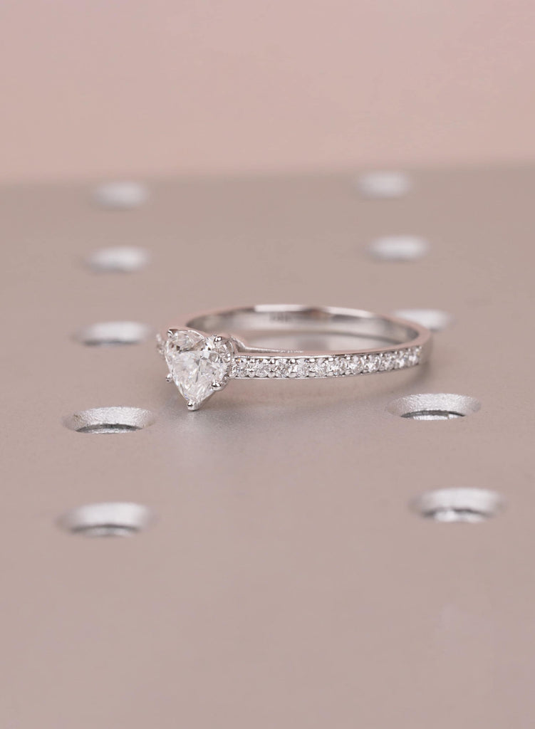 Heart Moissanite Ring, 14k White Gold Pave Side Stones Diamond Engagement Ring, Promise Ring for Her, Anniversary Wedding Bridal Jewelry image #5