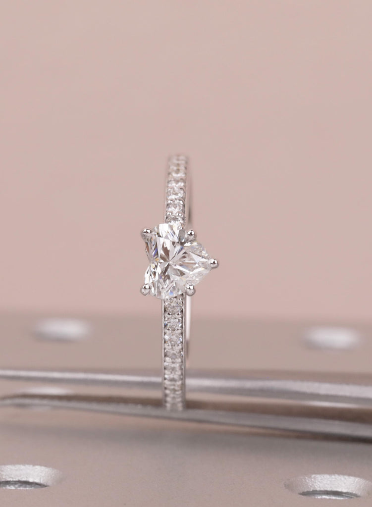 Heart Moissanite Ring, 14k White Gold Pave Side Stones Diamond Engagement Ring, Promise Ring for Her, Anniversary Wedding Bridal Jewelry image #7