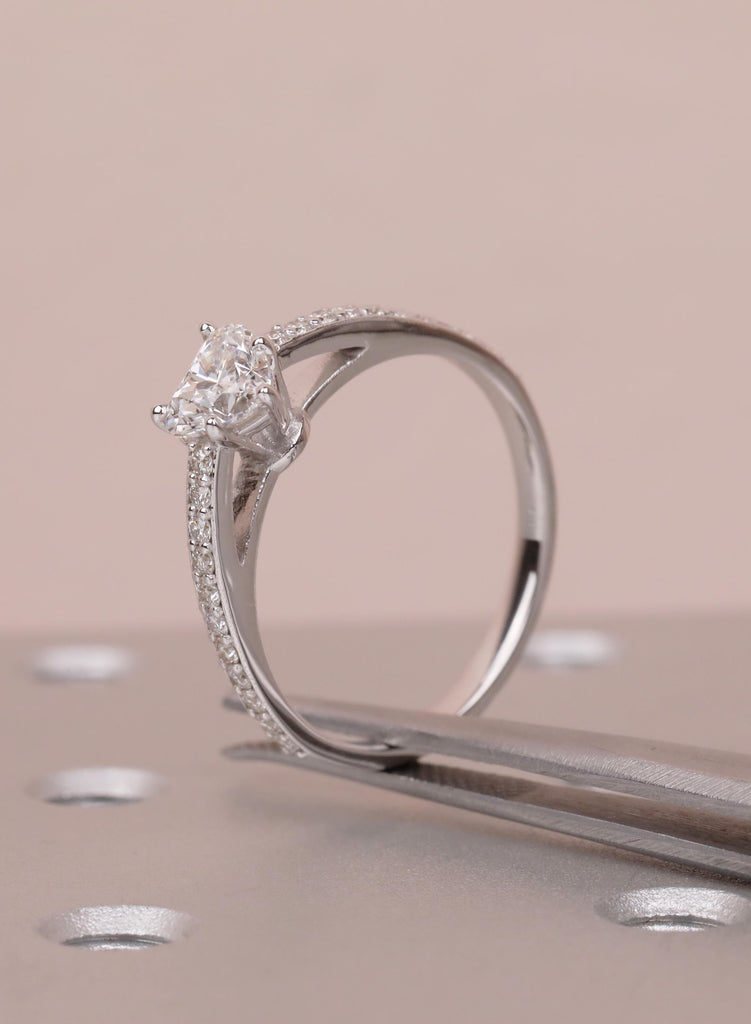 Heart Moissanite Ring, 14k White Gold Pave Side Stones Diamond Engagement Ring, Promise Ring for Her, Anniversary Wedding Bridal Jewelry image #8