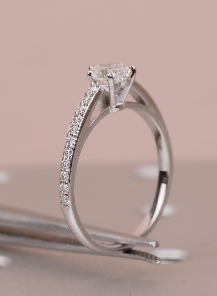 Heart Moissanite Ring, 14k White Gold Pave Side Stones Diamond Engagement Ring, Promise Ring for Her, Anniversary Wedding Bridal Jewelry image #10