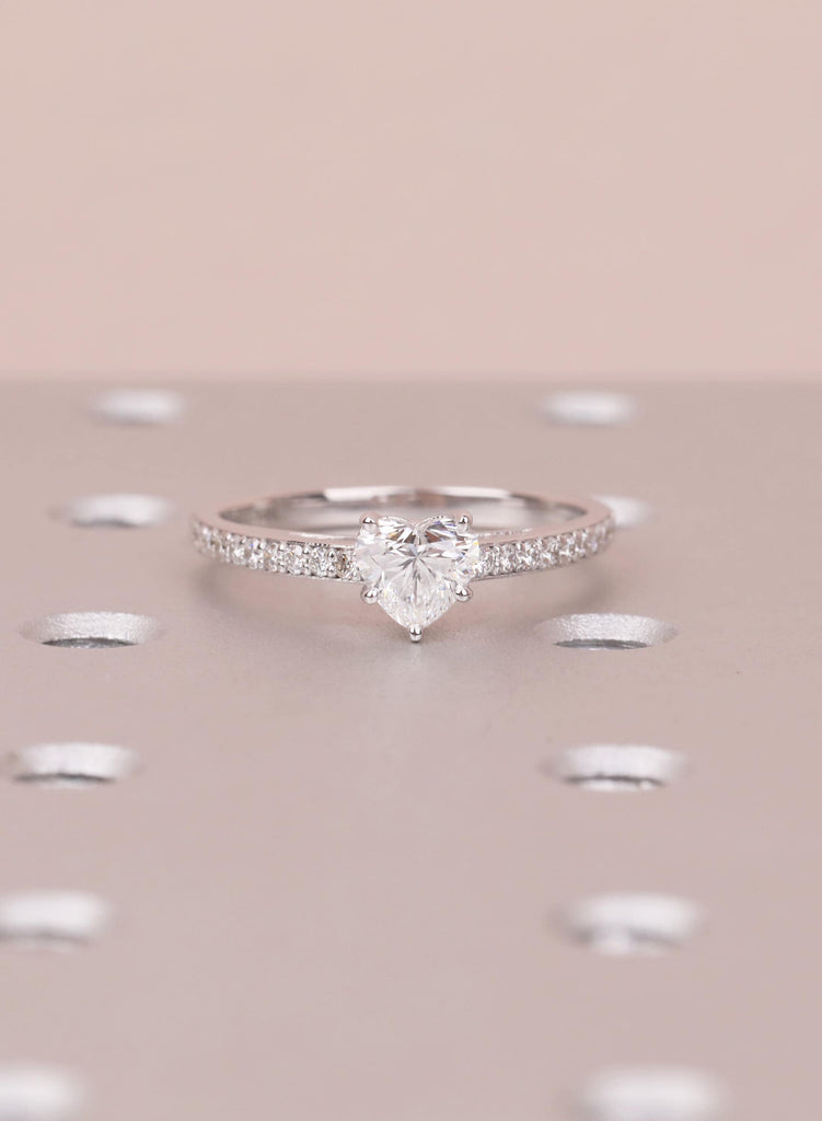 Heart Shape Lab Grown Diamond Engagement Ring, 14K White Gold Pave Band, Sustainable Ethical Jewelry For Woman, Unique Romantic Gift for Her image #4