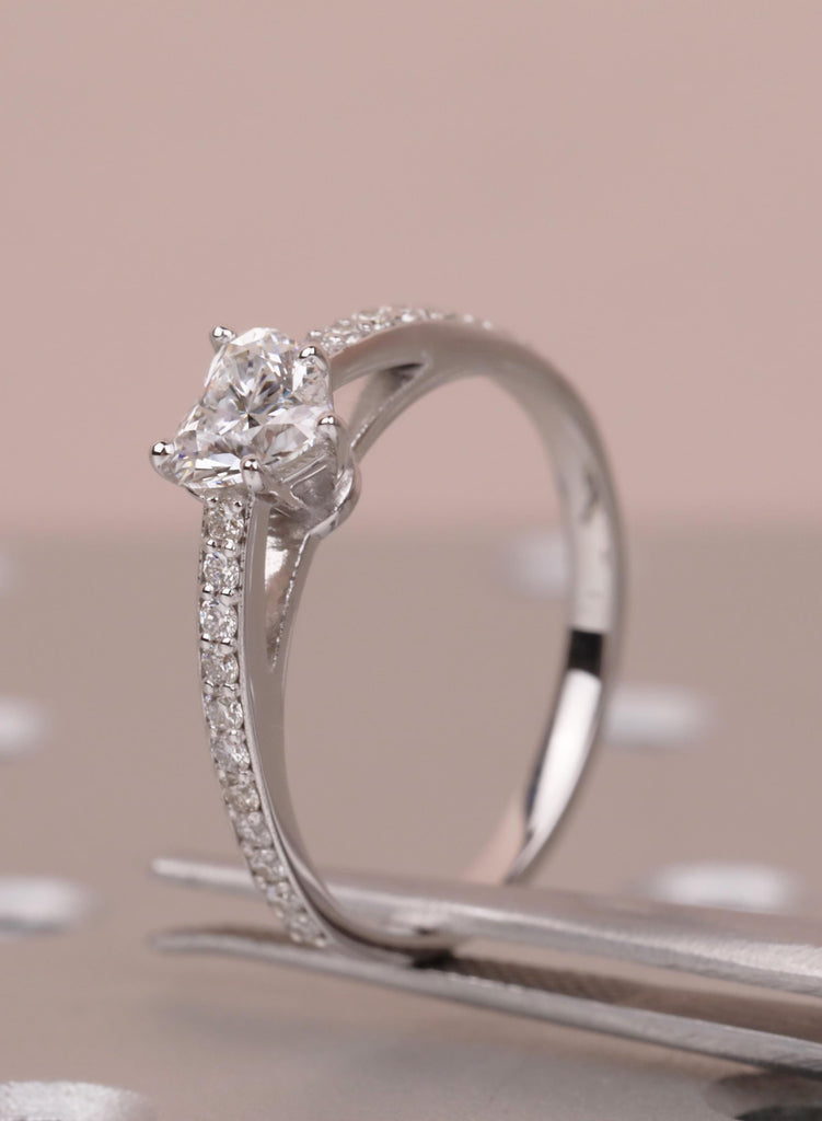 Heart Shape Lab Grown Diamond Engagement Ring, 14K White Gold Pave Band, Sustainable Ethical Jewelry For Woman, Unique Romantic Gift for Her image #9