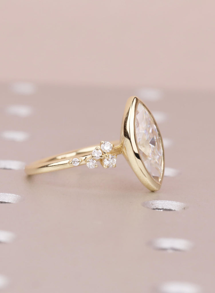 Marquise VVS Moissanite Engagement Ring for Her, Solid Gold 14K Yellow, Unique Bezel set Wedding Ring, Unique Diamond Snowdrift Cluster Ring image #3