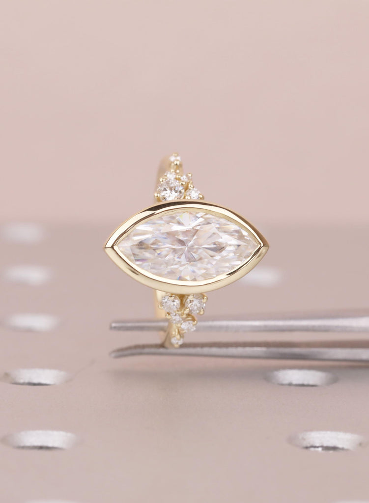 Marquise VVS Moissanite Engagement Ring for Her, Solid Gold 14K Yellow, Unique Bezel set Wedding Ring, Unique Diamond Snowdrift Cluster Ring image #9