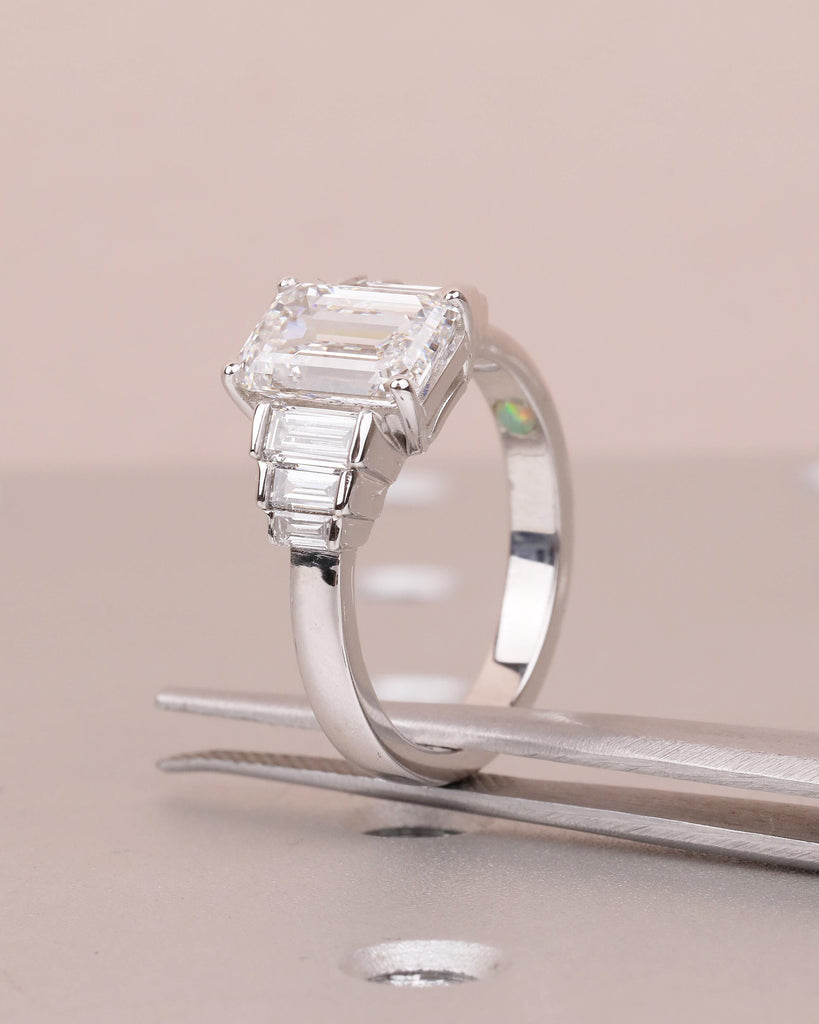 Emerald Cut Ring, 4.5-6ct Moissanite Engagement Ring, 14k White Gold Statement Ring, Diamond Cluster Baguette Ring, Hidden Cabochon Opal image #9