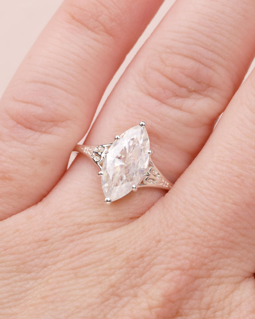 Marquise Engagement Ring, Victorian Sterling Silver Moissanite Rings image #10