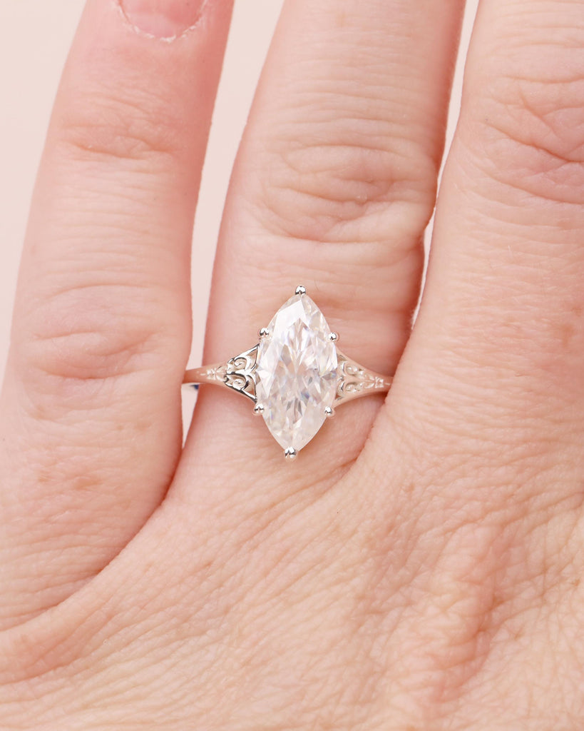 Marquise Engagement Ring, Victorian Sterling Silver Moissanite Rings image #14