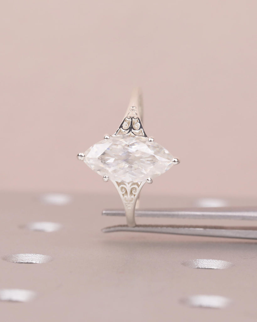 Marquise Engagement Ring, Victorian Sterling Silver Moissanite Rings image #12