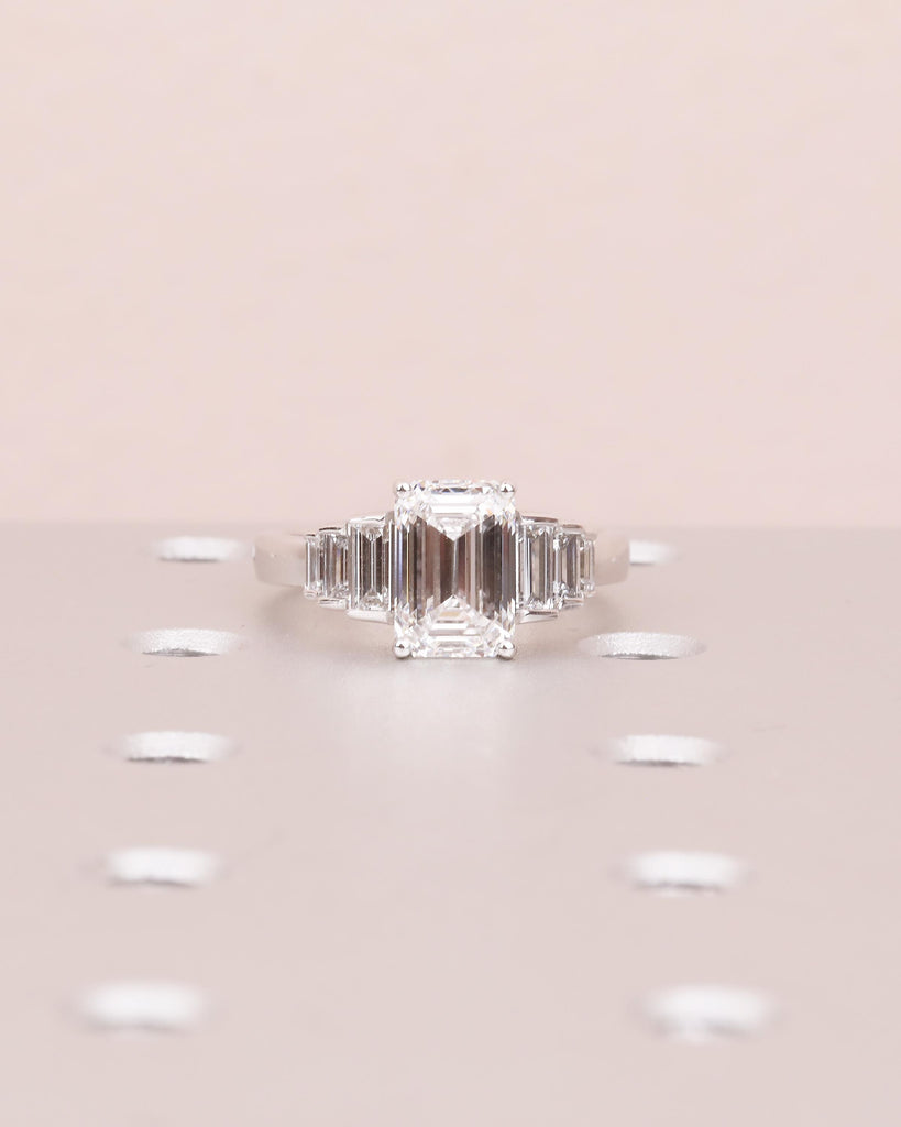 Emerald Cut Ring, 4.5-6ct Moissanite Engagement Ring, 14k White Gold Statement Ring, Diamond Cluster Baguette Ring, Hidden Cabochon Opal image #10