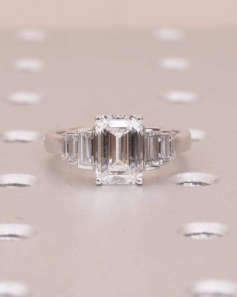14k White Gold Engagement Ring, Baguette, Emerald Cut Moissanite Ring, Statement Jewelry image #20