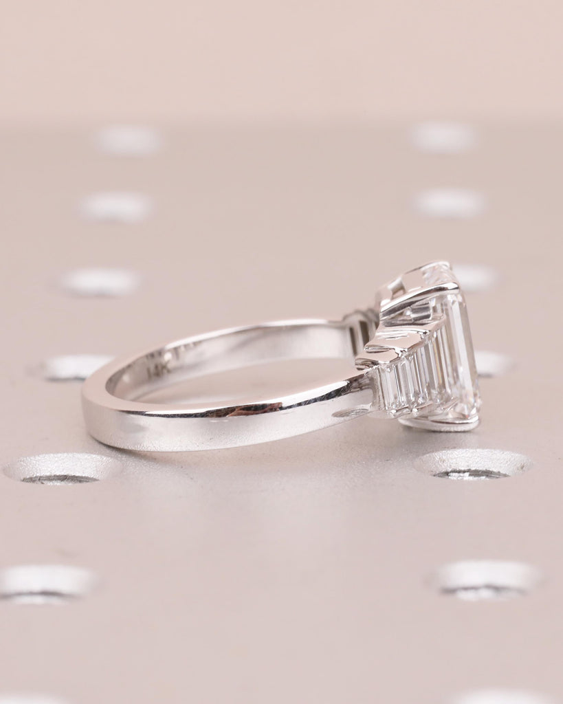 Emerald Cut Ring, 4.5-6ct Moissanite Engagement Ring, 14k White Gold Statement Ring, Diamond Cluster Baguette Ring, Hidden Cabochon Opal image #14
