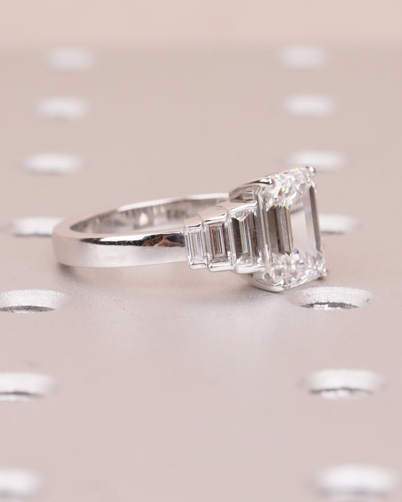 Emerald Cut Ring, 4.5-6ct Moissanite Engagement Ring, 14k White Gold Statement Ring, Diamond Cluster Baguette Ring, Hidden Cabochon Opal image #3