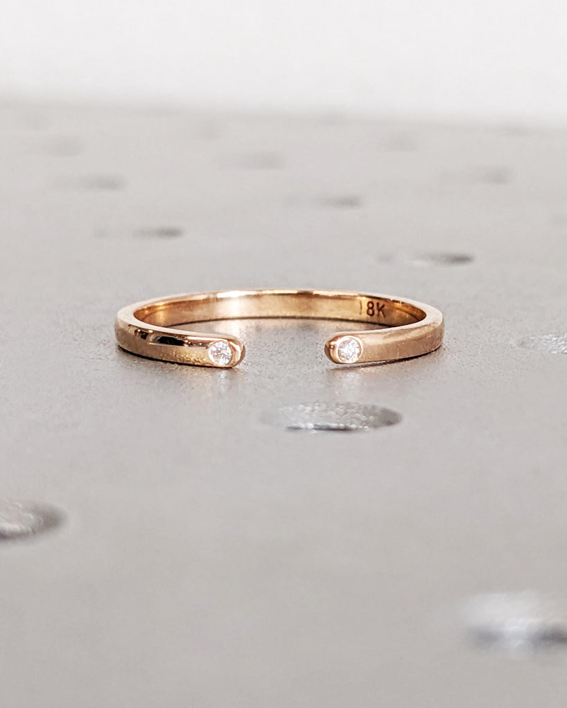 Double Diamond Wedding Band - Open Diamond Ring - Minimalist Stacking Ring - 14K Solid Yellow White Rose Gold - Simple Everyday Wedding Ring image #4