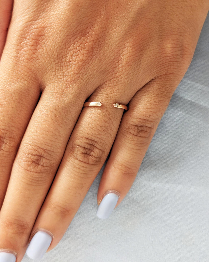 Double Diamond Wedding Band - Open Diamond Ring - Minimalist Stacking Ring - 14K Solid Yellow White Rose Gold - Simple Everyday Wedding Ring image #2