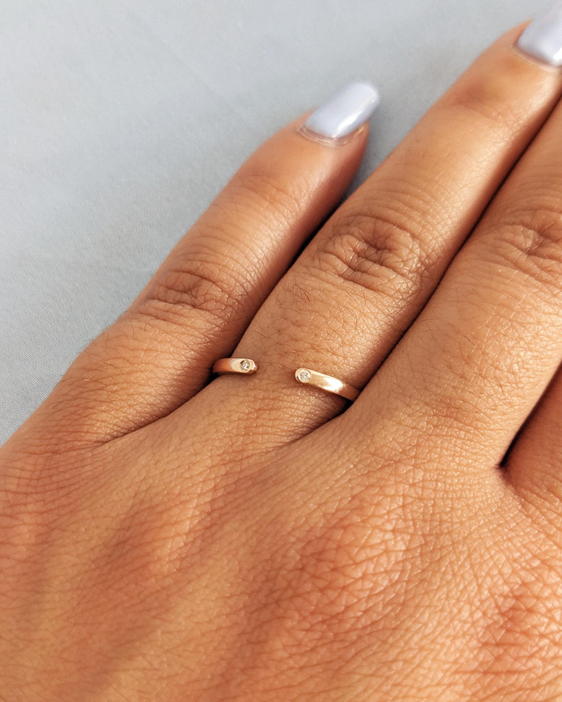 Double Diamond Wedding Band - Open Diamond Ring - Minimalist Stacking Ring - 14K Solid Yellow White Rose Gold - Simple Everyday Wedding Ring image #10