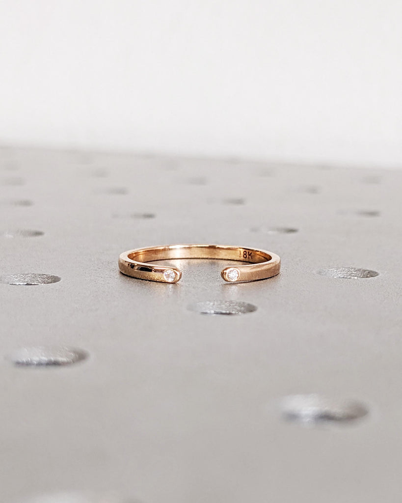 Double Diamond Wedding Band - Open Diamond Ring - Minimalist Stacking Ring - 14K Solid Yellow White Rose Gold - Simple Everyday Wedding Ring image #3