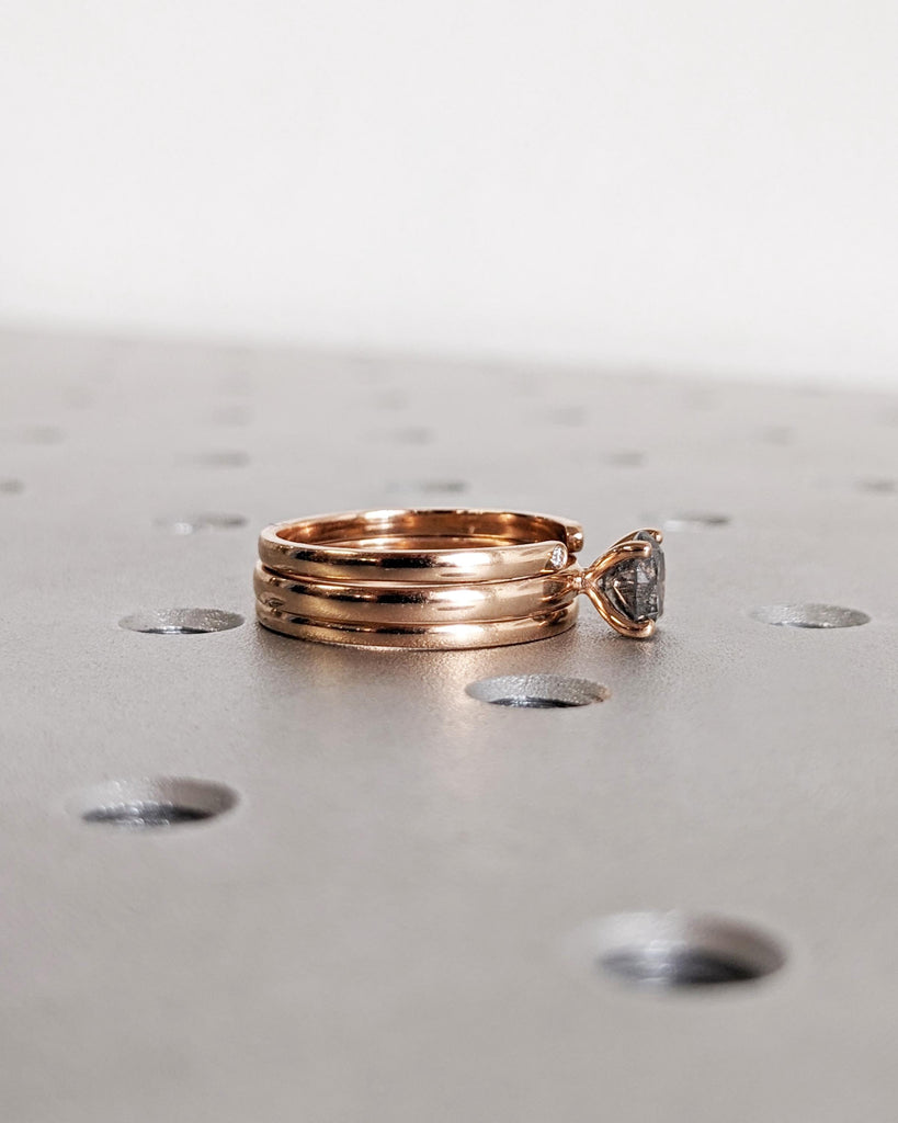Salt and Pepper Diamond Engagement Ring Set, Set of 3 Dainty Stacking Rings, Minimalist Wedding Ring Set, 14K Solid Rose Gold Promise Rings image #8