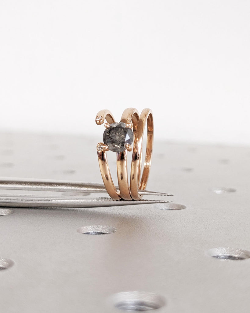 Salt and Pepper Diamond Engagement Ring Set, Set of 3 Dainty Stacking Rings, Minimalist Wedding Ring Set, 14K Solid Rose Gold Promise Rings image #5