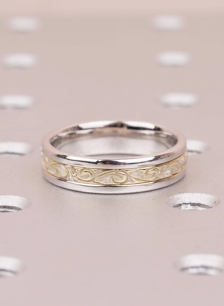 14K Two Tone Men's Wedding Band 5mm, Yellow Gold Filigree Rhodium White Gold Scrollwork Ring, Floral Engraved Husband Anniversary Gift Band