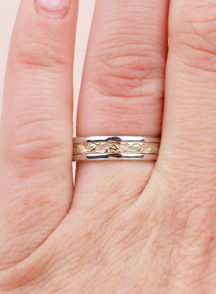 Two Tone Engraved Men's Wedding Band, 5mm Filigree Scrollwork, Yellow White Gold Anniversary Gift image #1