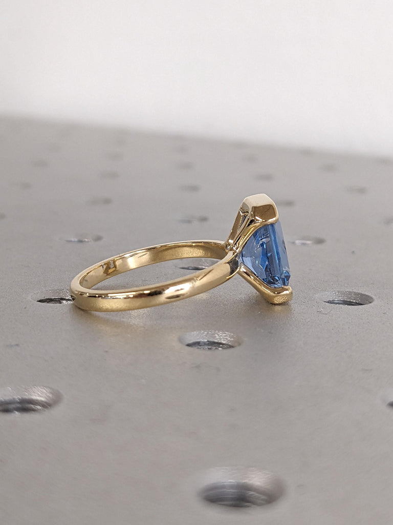 Aquamarine Gemstone Engagement Rings for Women | Radiant cut Solitaire Ring 18k Yellow Gold | Unique Floating Bezel Blue Stone Ring image #11