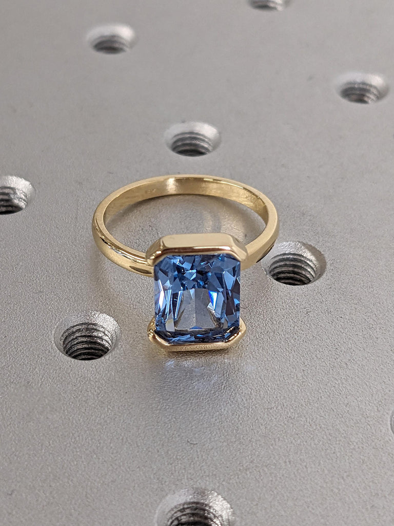 Aquamarine Gemstone Engagement Rings for Women | Radiant cut Solitaire Ring 18k Yellow Gold | Unique Floating Bezel Blue Stone Ring image #8