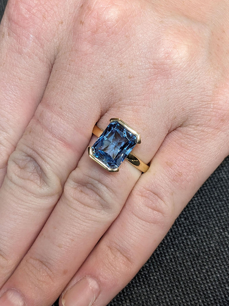 Aquamarine Gemstone Engagement Rings for Women | Radiant cut Solitaire Ring 18k Yellow Gold | Unique Floating Bezel Blue Stone Ring image #13