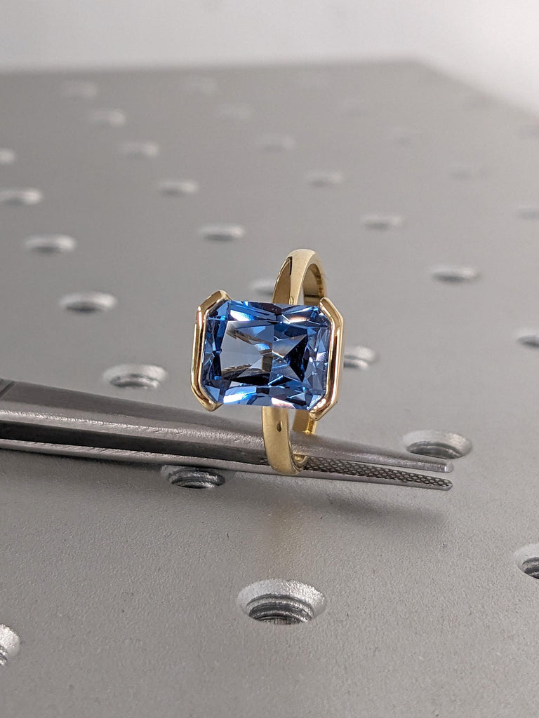 Aquamarine Gemstone Engagement Rings for Women | Radiant cut Solitaire Ring 18k Yellow Gold | Unique Floating Bezel Blue Stone Ring image #3