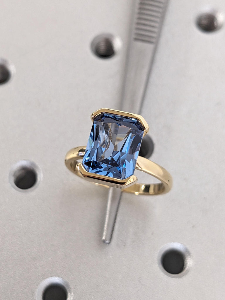 Aquamarine Gemstone Engagement Rings for Women | Radiant cut Solitaire Ring 18k Yellow Gold | Unique Floating Bezel Blue Stone Ring image #1