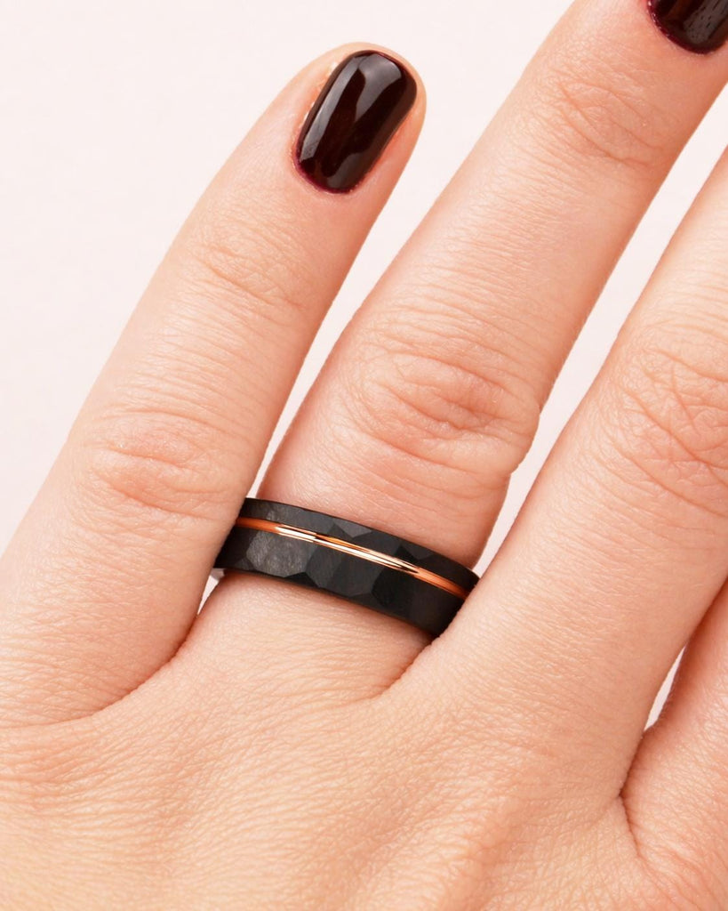 Hammered Tungsten Wedding Ring Set, His and Hers Promise Rings Set, Couples Ring Set, 8mm 6mm Bands, Black & Rose Gold Engagement Rings Set image #9