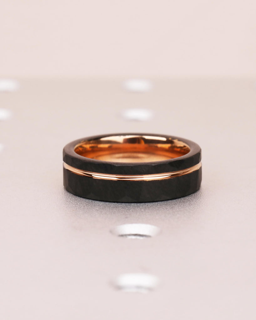 Hammered Black Tungsten Ring with Rose Gold Stripe, Men's Wedding Band 6mm, Tungsten Wedding Ring, Personalized Promise Ring for Him or Her