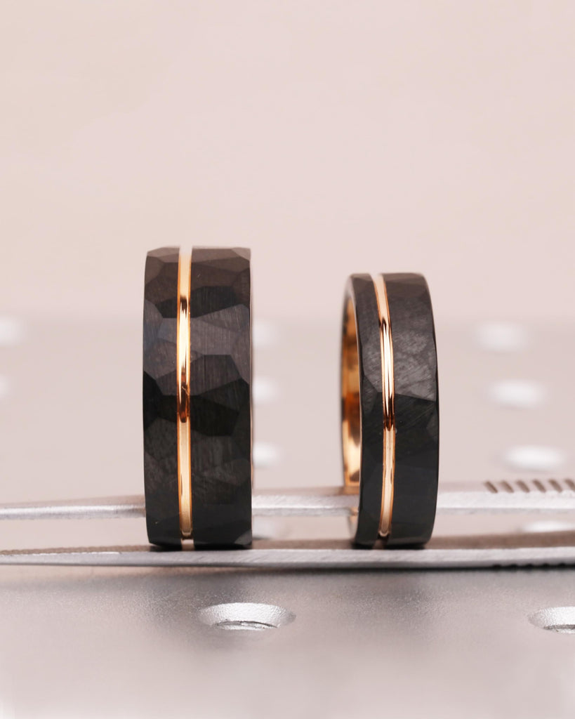 Hammered Tungsten Wedding Ring Set, His and Hers Promise Rings Set, Couples Ring Set, 8mm 6mm Bands, Black & Rose Gold Engagement Rings Set image #2