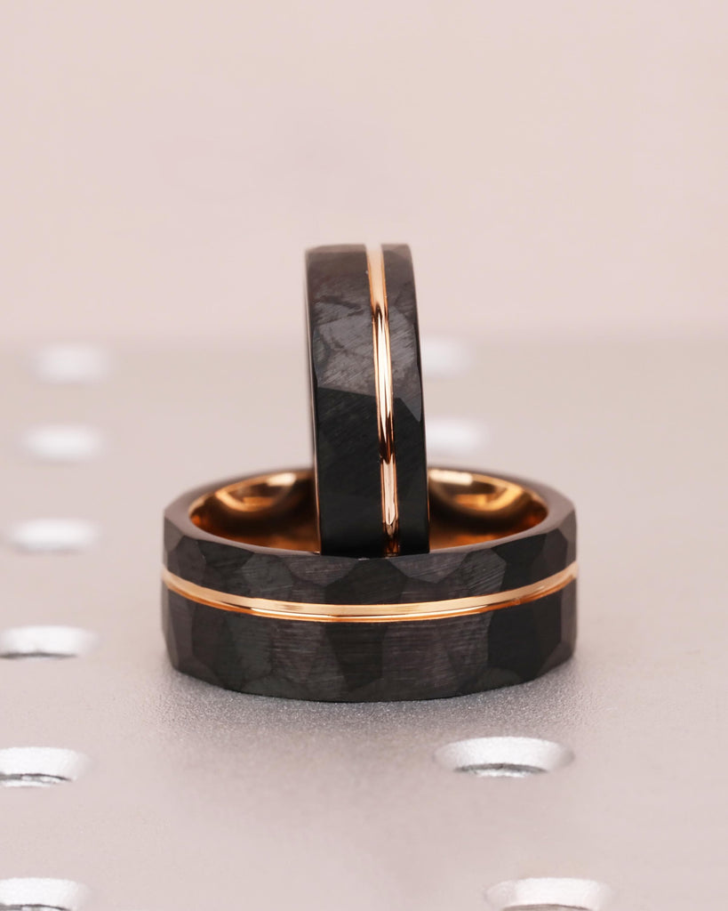 Hammered Tungsten Wedding Ring Set, His and Hers Promise Rings Set, Couples Ring Set, 8mm 6mm Bands, Black & Rose Gold Engagement Rings Set image #8