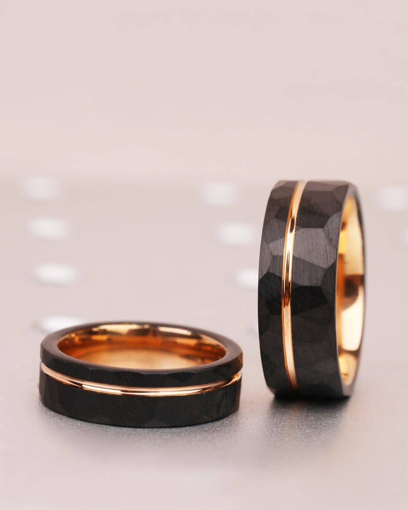 Hammered Tungsten Wedding Ring Set, His and Hers Promise Rings Set, Couples Ring Set, 8mm 6mm Bands, Black & Rose Gold Engagement Rings Set image #5