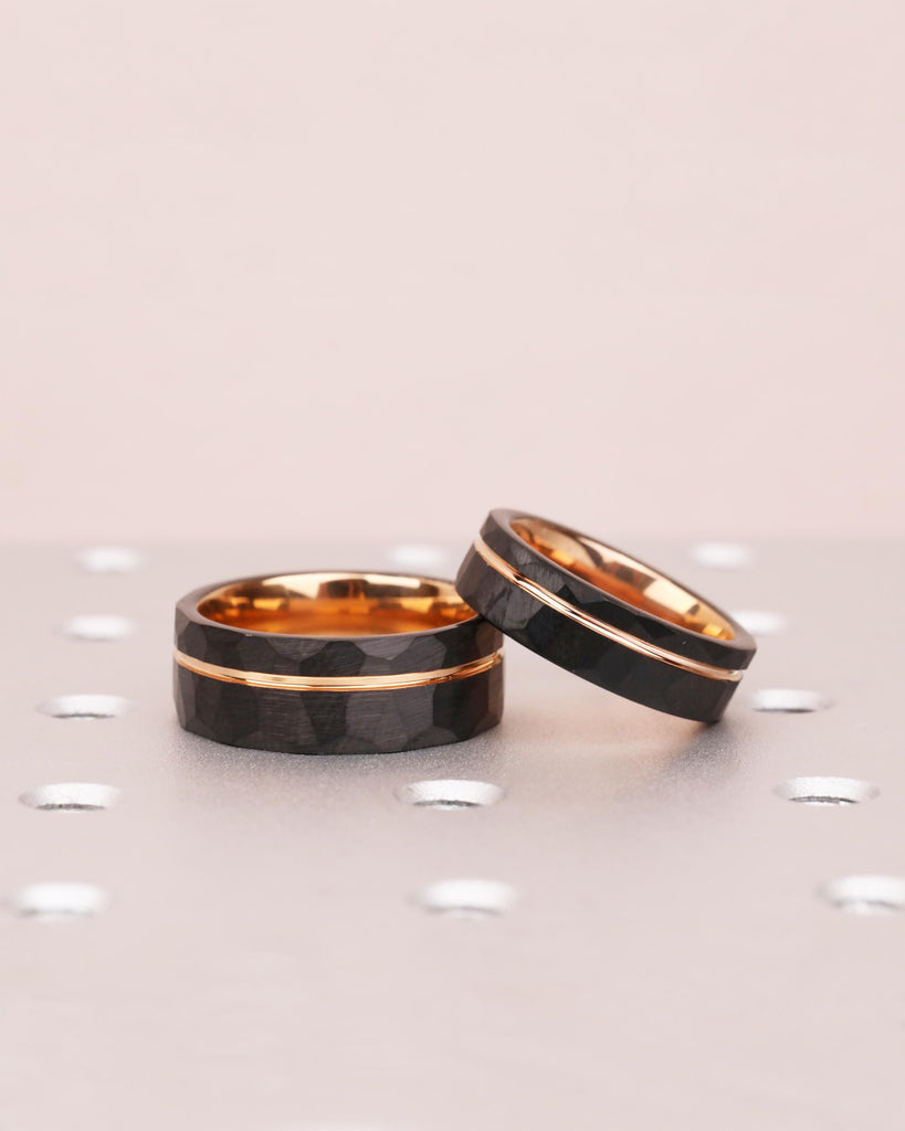 Hammered Tungsten Wedding Ring Set, His and Hers Promise Rings Set, Couples Ring Set, 8mm 6mm Bands, Black & Rose Gold Engagement Rings Set image #3