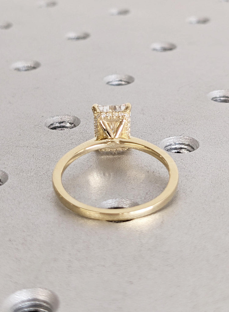Dainty Moissanite Engagement Ring in 14K Yellow Gold Radiant Cut Art Deco Promise Anniversary Ring For Her Hidden Halo Moissanite Gold Ring image #3