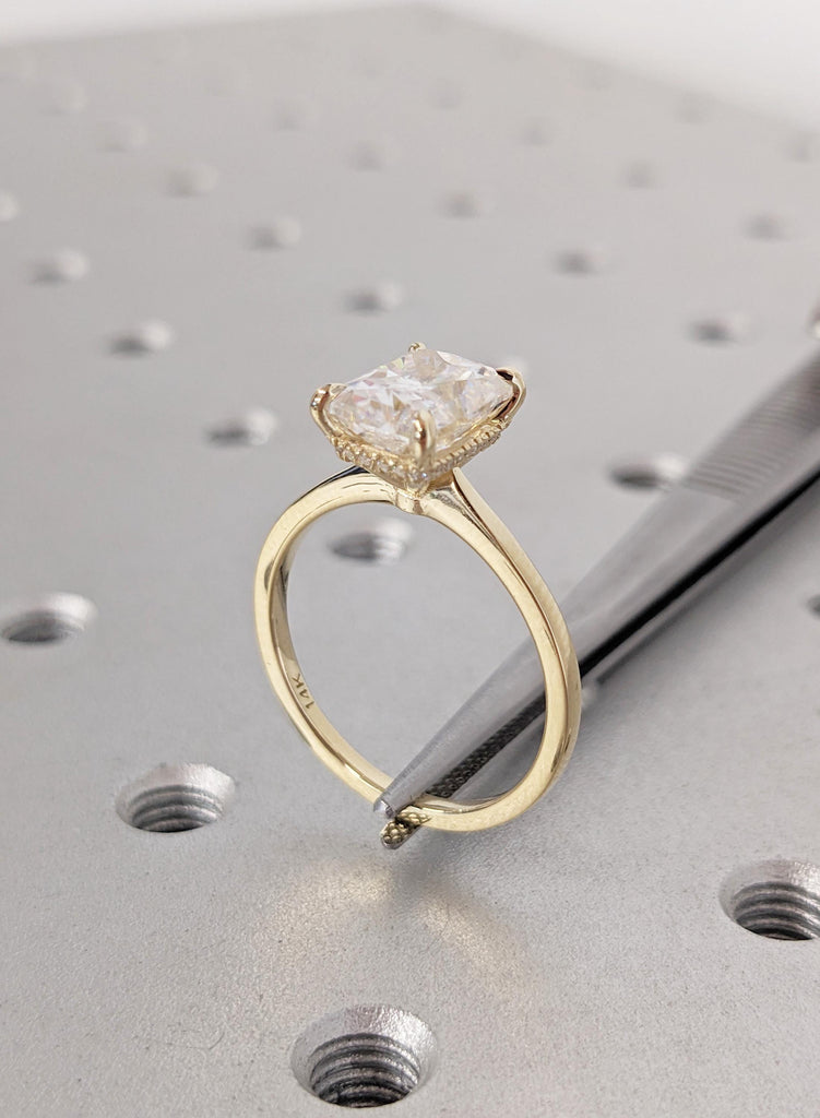 Dainty Moissanite Engagement Ring in 14K Yellow Gold Radiant Cut Art Deco Promise Anniversary Ring For Her Hidden Halo Moissanite Gold Ring image #4