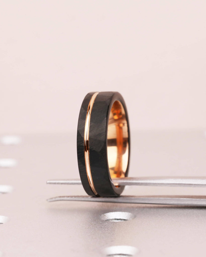 Rose Gold Hammered Black Tungsten Wedding Ring, 6mm Wide, Comfort Fit, Custom Men's Band