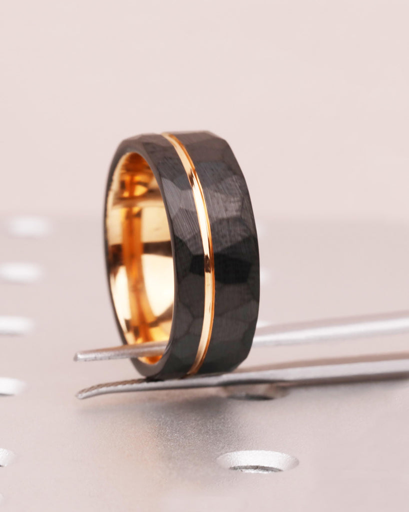 Hammered Black Tungsten Wedding Ring with Rose Gold, 8mm Band, Promise Ring for Him