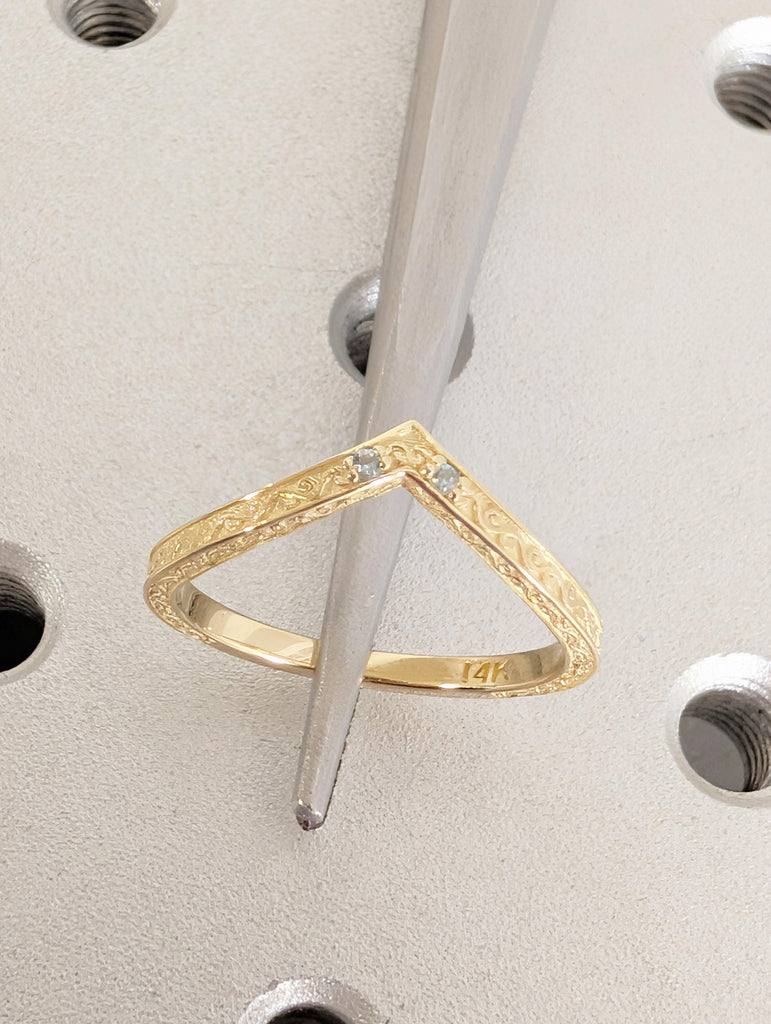 14k Gold Filigree Curved Wedding Band, Pave Aquamarine Gemstone image #9