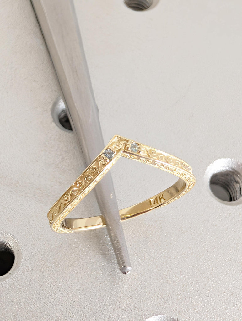 14k Gold Filigree Curved Wedding Band, Pave Aquamarine Gemstone image #2