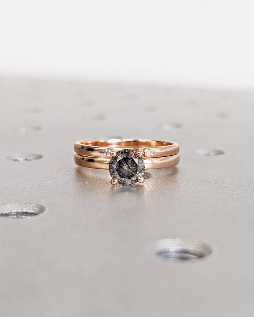 Natural Salt and Pepper Diamond Engagement Ring Set, Solid Rose Gold Dainty Wedding Ring Set, Minimalist Bridal Ring Set, Stacking Ring Set image #9