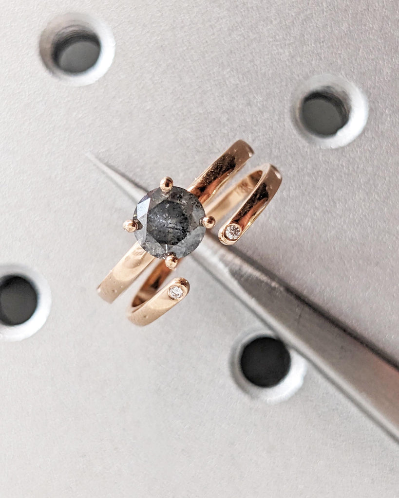 Natural Salt and Pepper Diamond Engagement Ring Set, Solid Rose Gold Dainty Wedding Ring Set, Minimalist Bridal Ring Set, Stacking Ring Set image #4