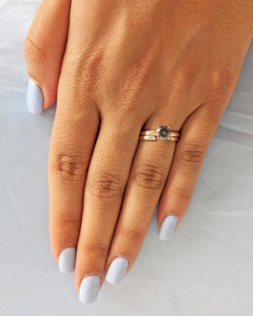 Natural Salt and Pepper Diamond Engagement Ring Set, Solid Rose Gold Dainty Wedding Ring Set, Minimalist Bridal Ring Set, Stacking Ring Set image #2