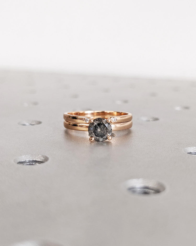 Natural Salt and Pepper Diamond Engagement Ring Set, Solid Rose Gold Dainty Wedding Ring Set, Minimalist Bridal Ring Set, Stacking Ring Set