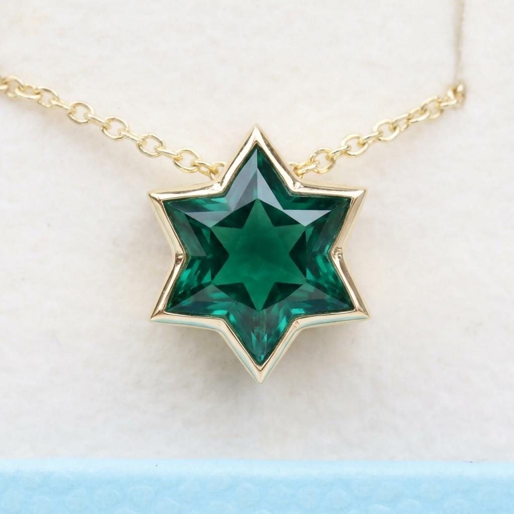 Unique Green Emerald Star of David Necklace | 14k/18k Gold Magen David Pendant | Religious Jewish Star Necklace | Gold Jewelry