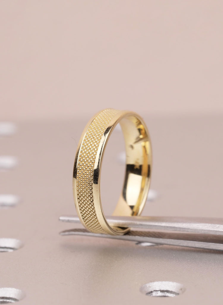 14K Yellow Gold Men's Wedding Band, 5mm Knurled Textured Gold Ring, Comfort Fit Men's Unique Engagement Band, Solid 14K Gold Ring for Him